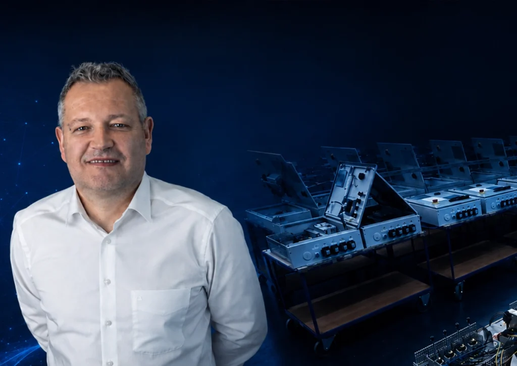 Florian Feulner von HERMOS Schaltanlagen vor der Fließfertigung im Schaltschrankbau.
